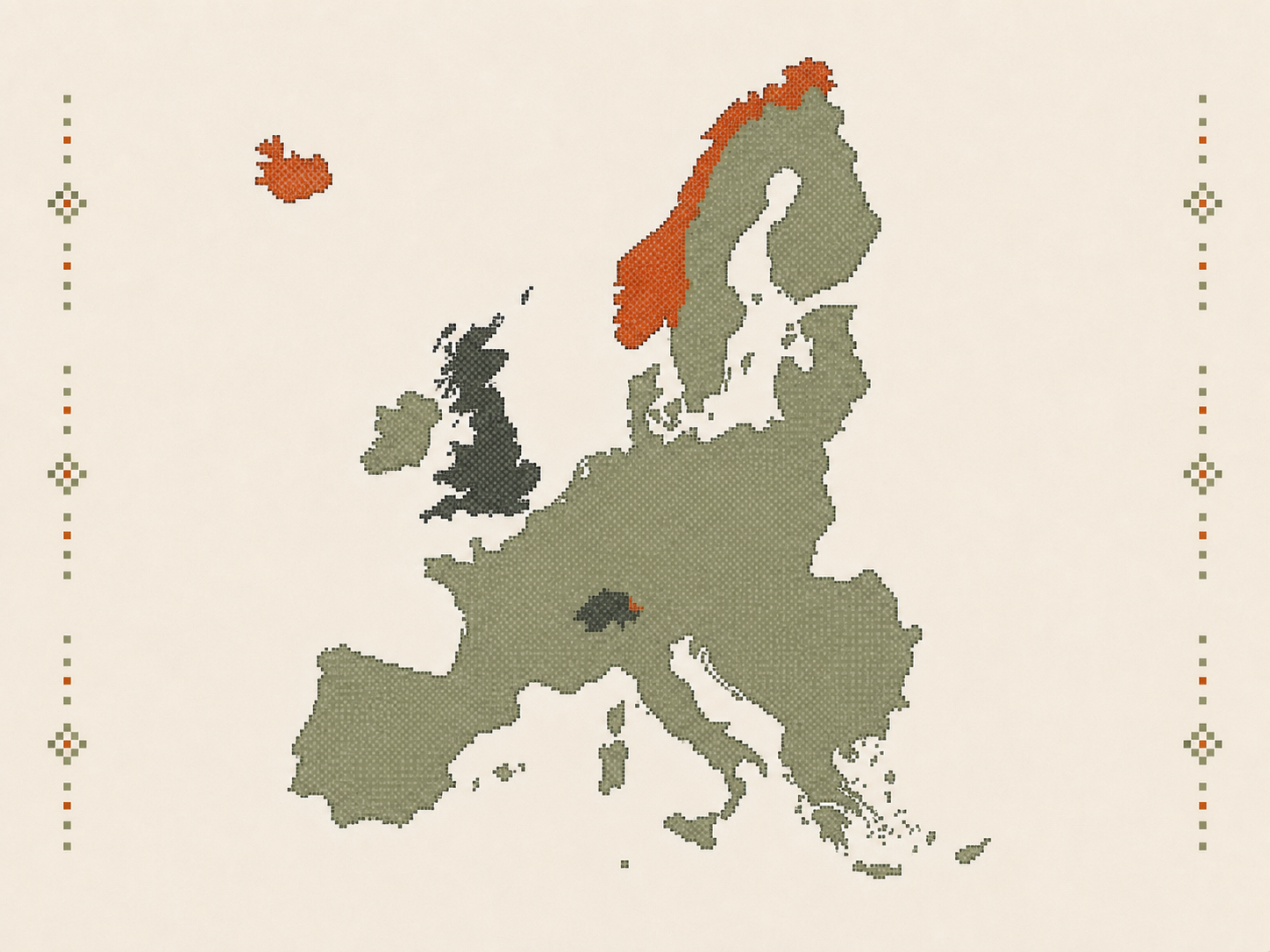 Pixel-art illustration of Europe’s service regions: EU-27 countries in olive, non-EU EEA countries in vermilion, and the United Kingdom and Switzerland in slate.