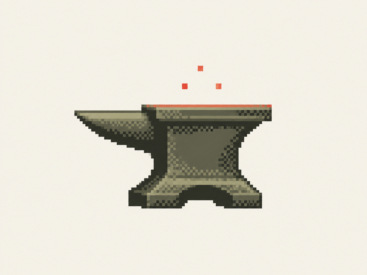 A pixel-art anvil in dark olive, with three vermilion sparks rising above its surface.