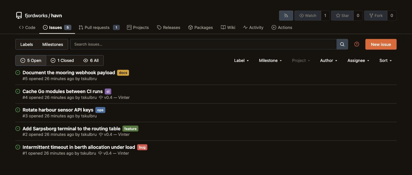 Screenshot of the issue tracker on a Smia forge: five open issues with colour-coded labels and a milestone.