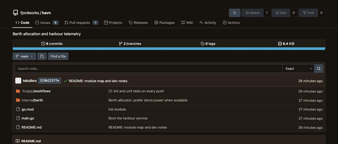 Screenshot of a repository on a Smia forge: file tree with commit messages, a green CI check on the latest commit, and tabs for issues, pull requests, and actions.